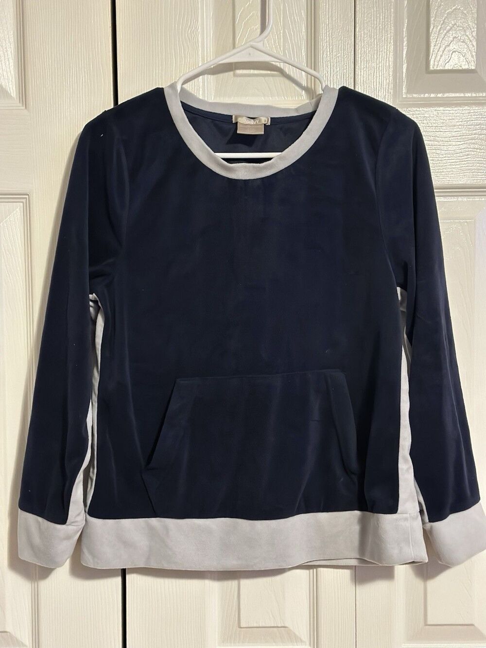 Vintage DKNY Blue Velour Casual Crewneck Sweatshirt Top Size Small Front Pocket